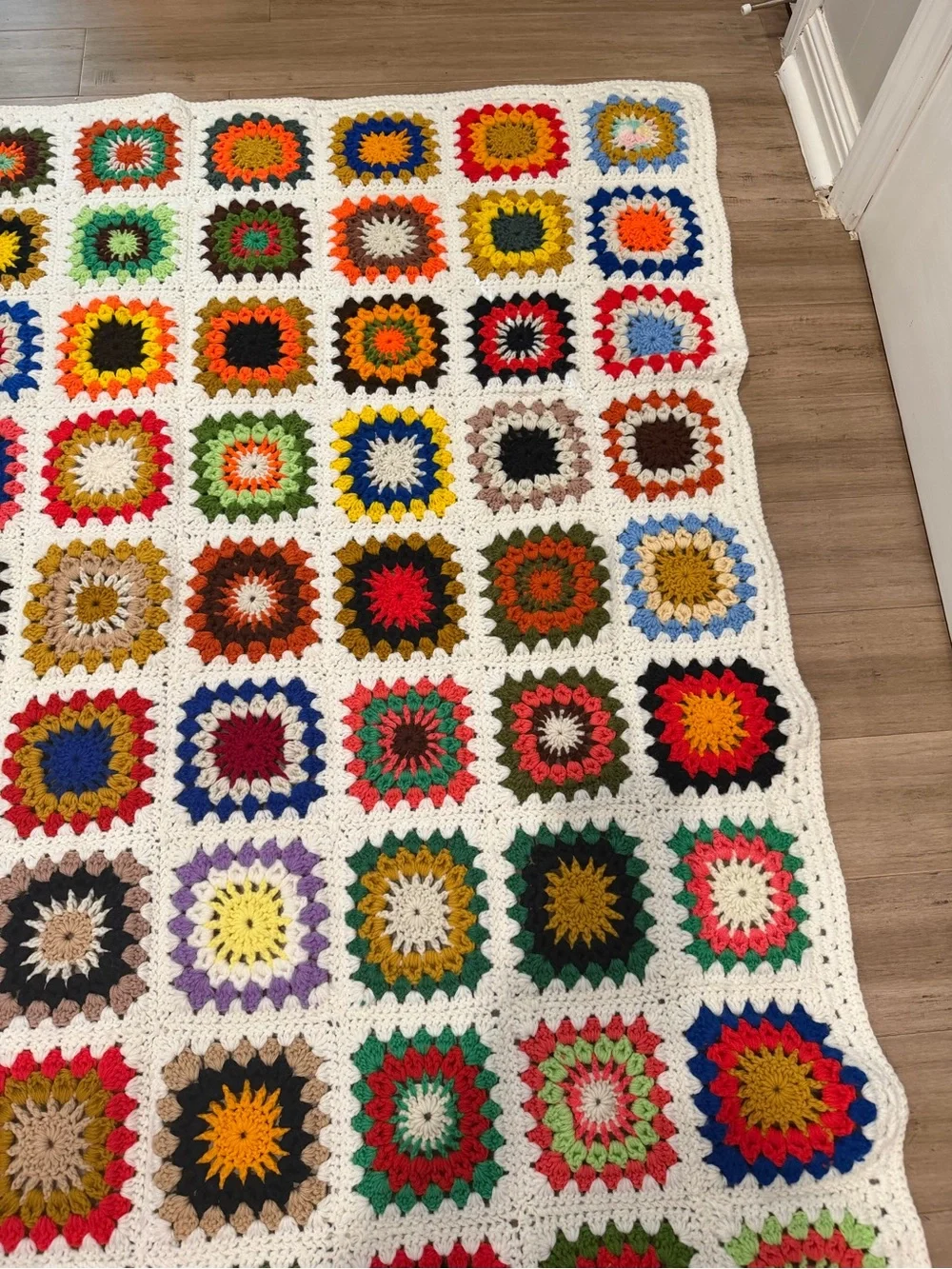 Handmade Multicolor Crochet Granny Square Blanket - White Border
